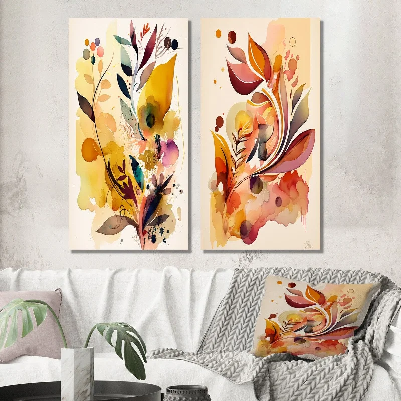 Modern black wall art for striking look-Designart "Blossoming Autumn Flowers Watercolor I" Abstract Wall Art Set of 2 - Modern Print Art For Living Room Decor