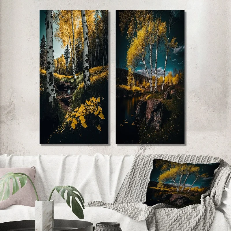 Handmade landscape canvas wall art for craft-Designart "Blossoming Birches On A Sunny Lake Day II" Landscape Wall Art Set of 2 - Country For Living Room Decor