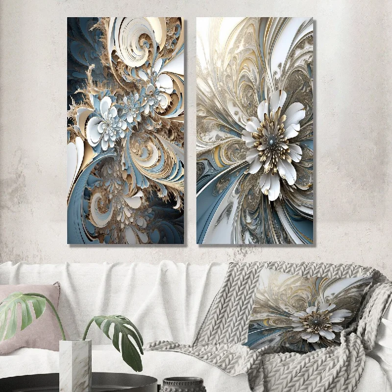 Vintage landscape canvas wall art for depth-Designart "Blossoming Fractal Flower In White And Blue I" Fractals Wall Art Set of 2 - Transitional For Office Decor