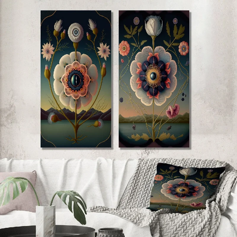 Contemporary floral abstract canvas wall art for flair-Designart "Blossoming Geometric Flower Art I" Floral Wall Art Set of 2 - Traditional Wall Art For Bedroom