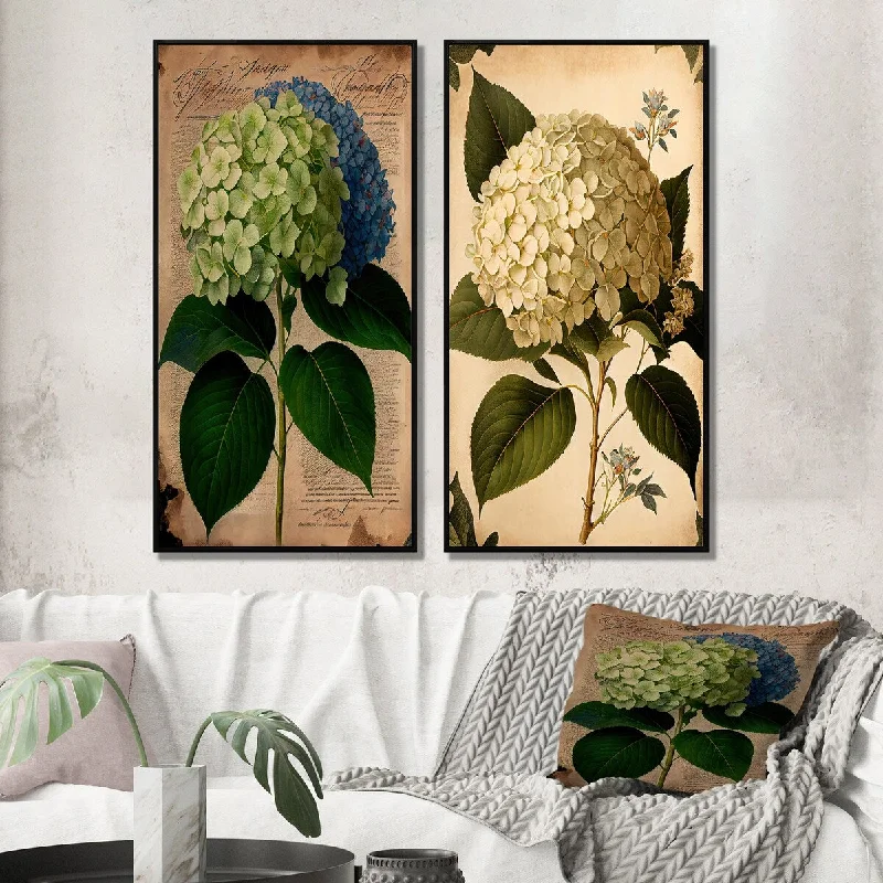 Custom framed abstract wall art for art lovers-Designart "Blossoming Hydrangena In Retro Colors II" Floral Framed Wall Art Set Of 2 - Traditional Wall Art Set Of 2