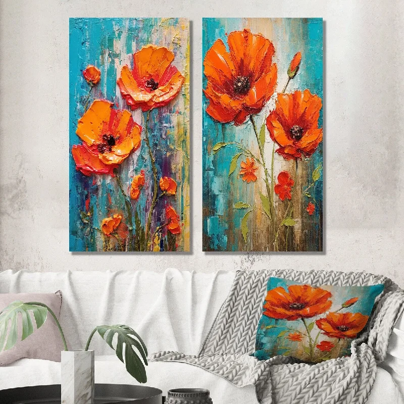 Modern black animal wall art for contrast-Designart "Blossoming Red Poppes On Teal Sky Painting I" Poppies Wall Art Set of 2 - Traditional For Living Room Decor