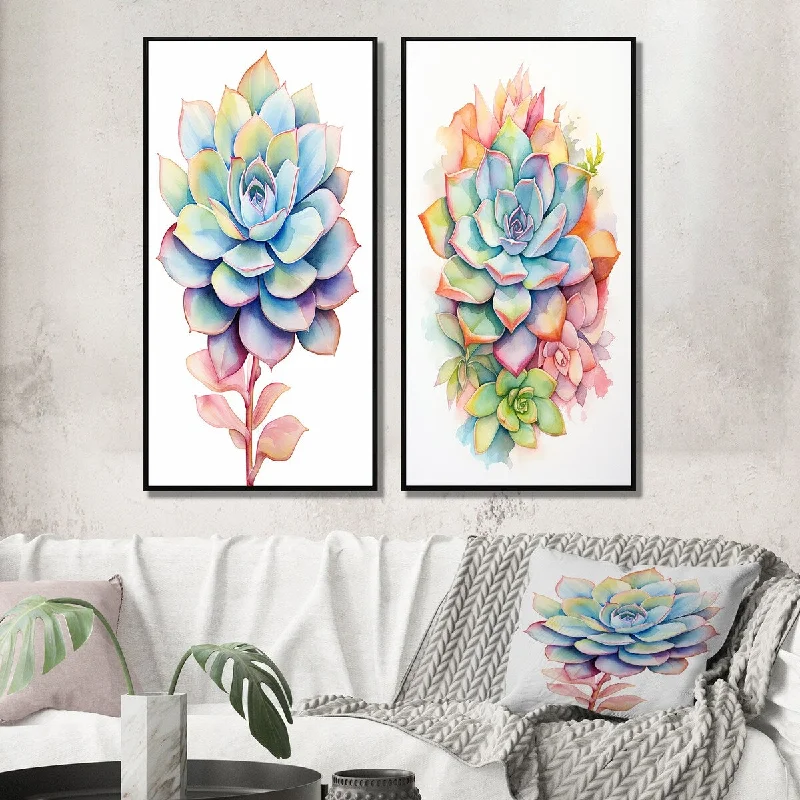 Custom framed geometric wall art for unique-Designart "Blossoming Succulent In Tender Retro BlueI" Succulent Framed Wall Décor Gallery Set For Office Decor