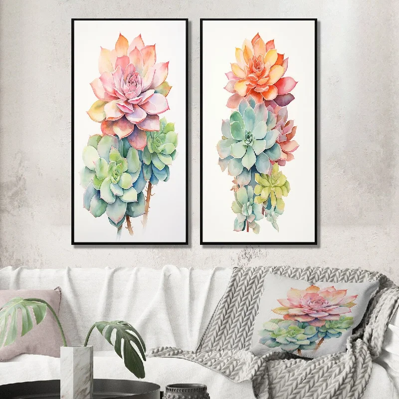 Large floral geometric wall art for drama-Designart "Blossoming Succulent In Tender Retro Pink I" Succulent Framed Gallery Wall Set For Home Decor