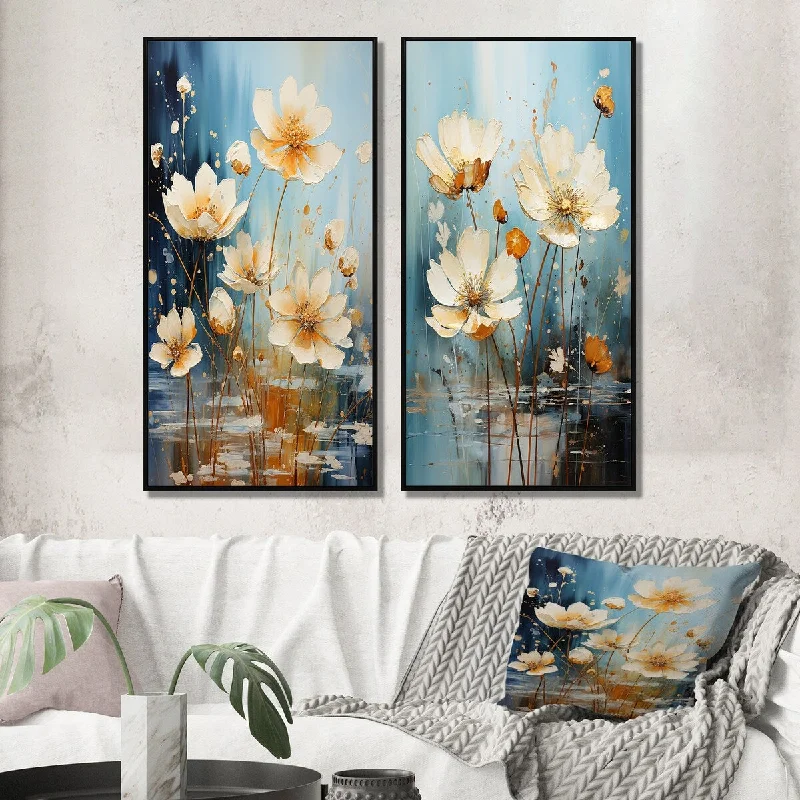 Large modern animal canvas wall art for bold-Designart "Blossoming White Daisy Teal Blue Sky II" Flowers Wall Art Décor - Traditional Set Of 2 For Living Room Decor