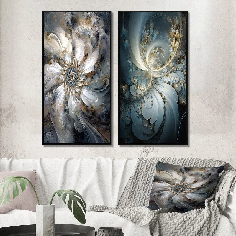 Contemporary geometric animal wall art for edge-Designart "Blossoming White Fractal Flower I" Fractals Framed Wall Art Set Of 2 Gallery Wall Set For Home Decor