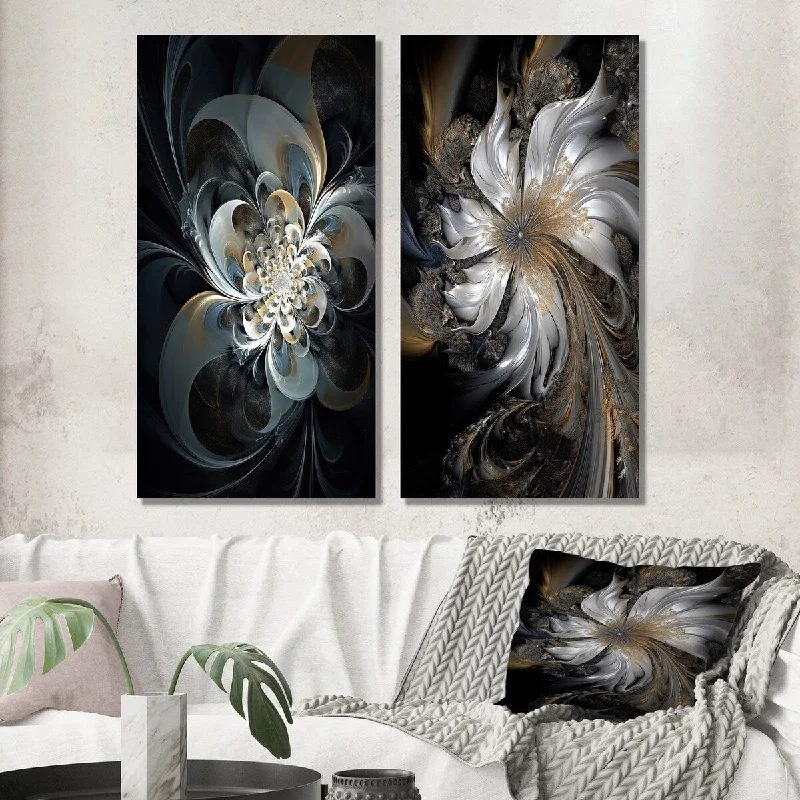 Nature themed landscape wall art for serenity-Designart "Blossoming White Fractal Flower III" Fractals Wall Art Set of 2 - Transitional Wall Art For Home Decor