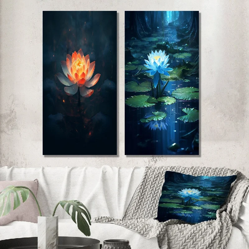 Modern colorful floral wall art for vibrancy-Designart "Blossoming Wild White Lotus In Full Moon Pond I" Lotus Wall Art Set of 2 Modern Gallery Set For Office Decor