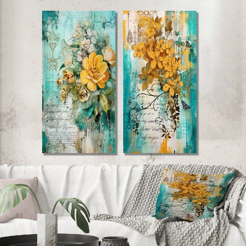 Designart "Blossoming Yellow Rose On Teal Vintage Art" Rose Wall Art Set of 2 - Traditional For Living Room Decor