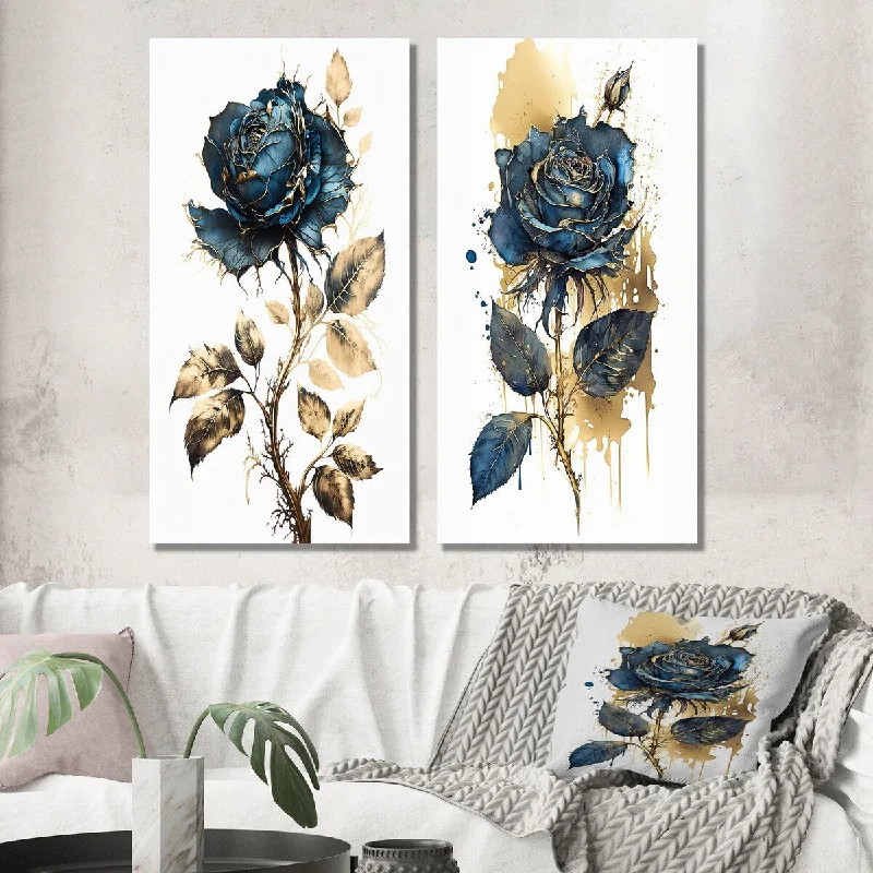 Custom framed wall art for gift-Designart "Blue And Gold Painted Rose On White I" Floral Rose Wall Art Set of 2 Traditional Gallery Set For Office Decor