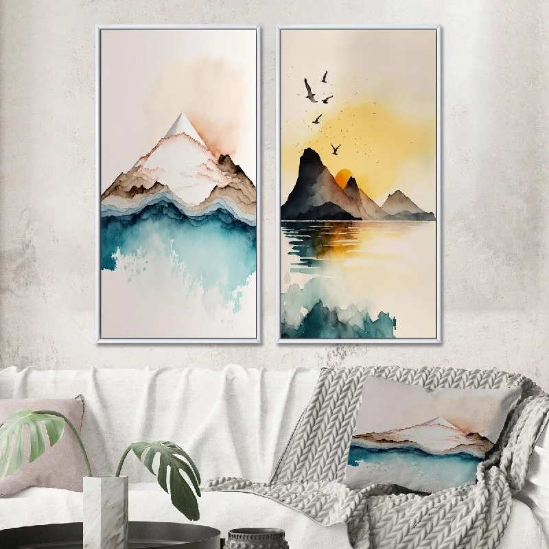 Vintage botanical abstract wall art for retro-Designart "Blue And Grey Mountain Lake Reflection II" Landscape Mountains Wall Art Décor - Traditional Wall Art Set Of 2