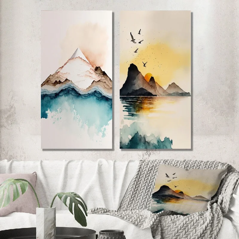 Minimalist black wall art for mantle-Designart "Blue And Grey Mountain Lake Reflection II" Landscape Wall Art Set of 2 - Traditional Wall Art For Bedroom