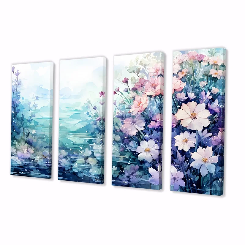 Rustic wooden floral canvas wall art for depth-Designart "Blue And Purple Flowers Under Water" Fantasy Extra Large Canvas Set Of 4 - Oversized Glam Wall Art Decor