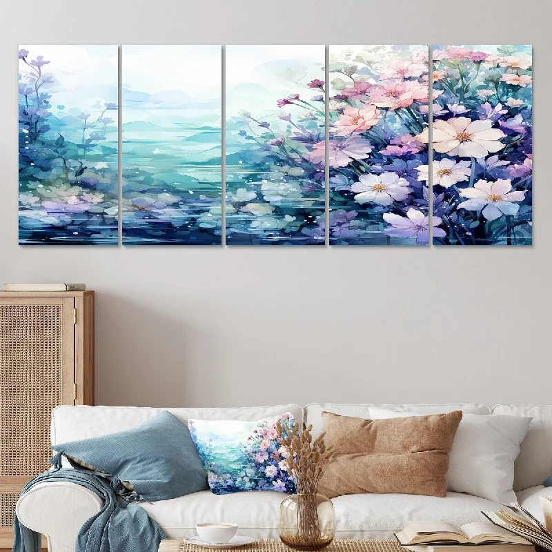 Handmade watercolor wall art for kids-Designart "Blue And Purple Flowers Under Water" Pink Fantasy Set Of 5 - Glam Oversized Wall Art Decor For Hallway