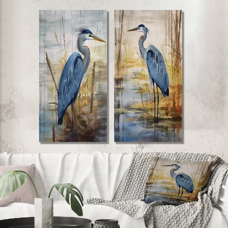 Large abstract geometric wall art for impact-Designart "Blue Heron By The Watersite Watercolor I" Animals Bird Wall Art Set of 2 - Children's Art For Office Decor