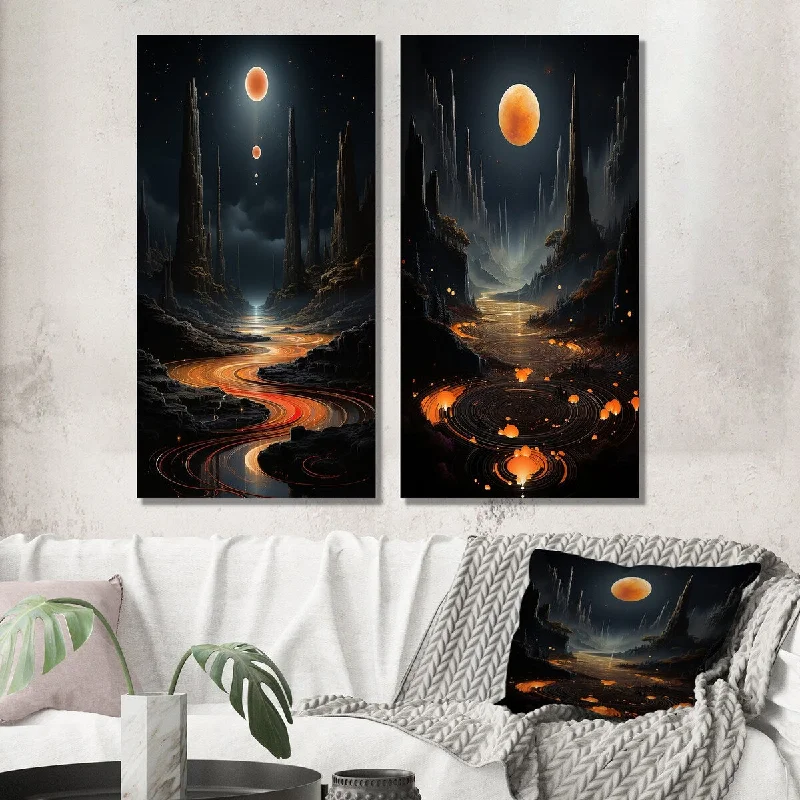 Large abstract geometric wall art for impact-Designart "Blue Orange FULL MOON MOUNTAIN" Abstract Landscape Wall Art Set of 2 - Modern Wall Art For Home Decor