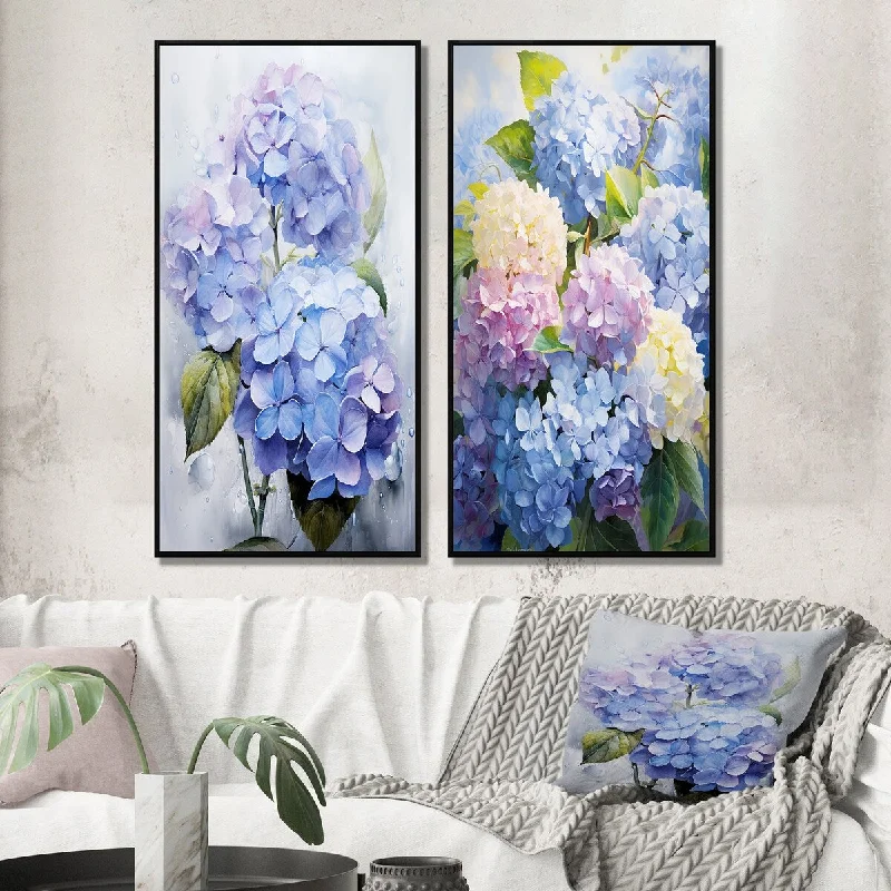 Vintage animal canvas wall art for nostalgia-Designart "Blue Purple Hydrangea Eternal Blooms" Hydrangea Framed Gallery Set Of 2 For Office Decor