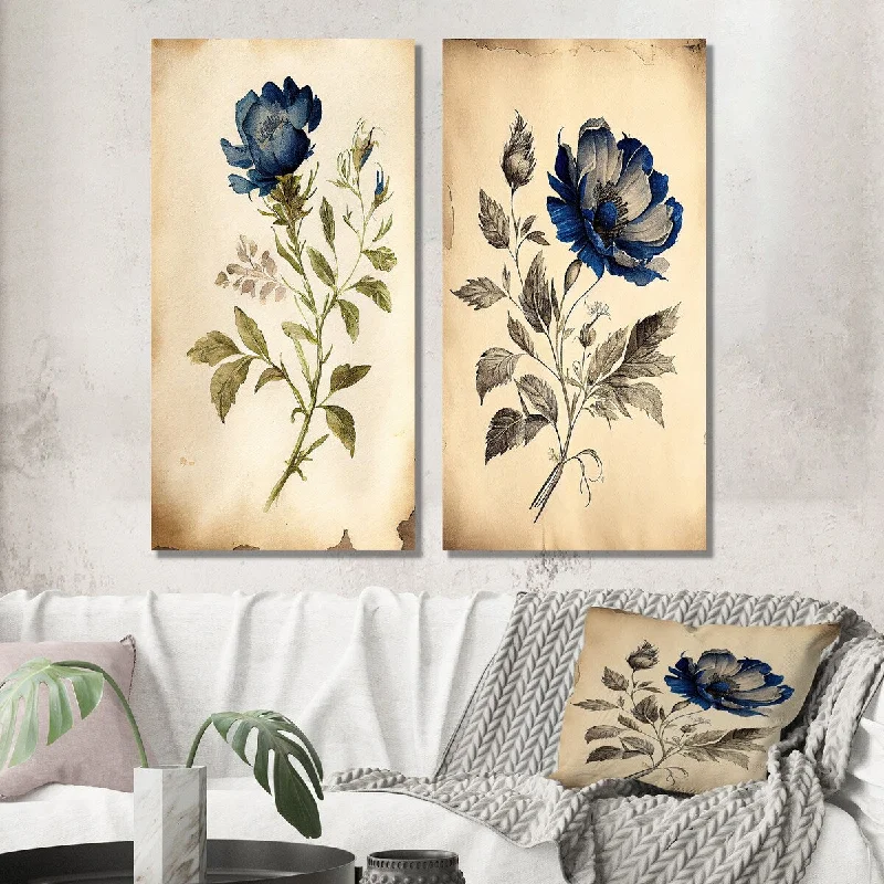 Large floral modern wall art for statement-Designart "Blue Vintage Flower Blooming III" Floral Wall Art Set of 2 - Traditional Gallery Wall Set