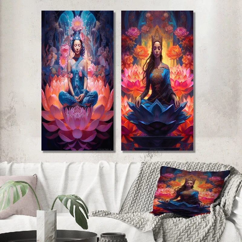 Modern black animal wall art for contrast-Designart "Blue Yoga Pink Lotus Woman I" Fashion Woman Wall Art Set of 2 - Glam Print Art For Living Room Decor