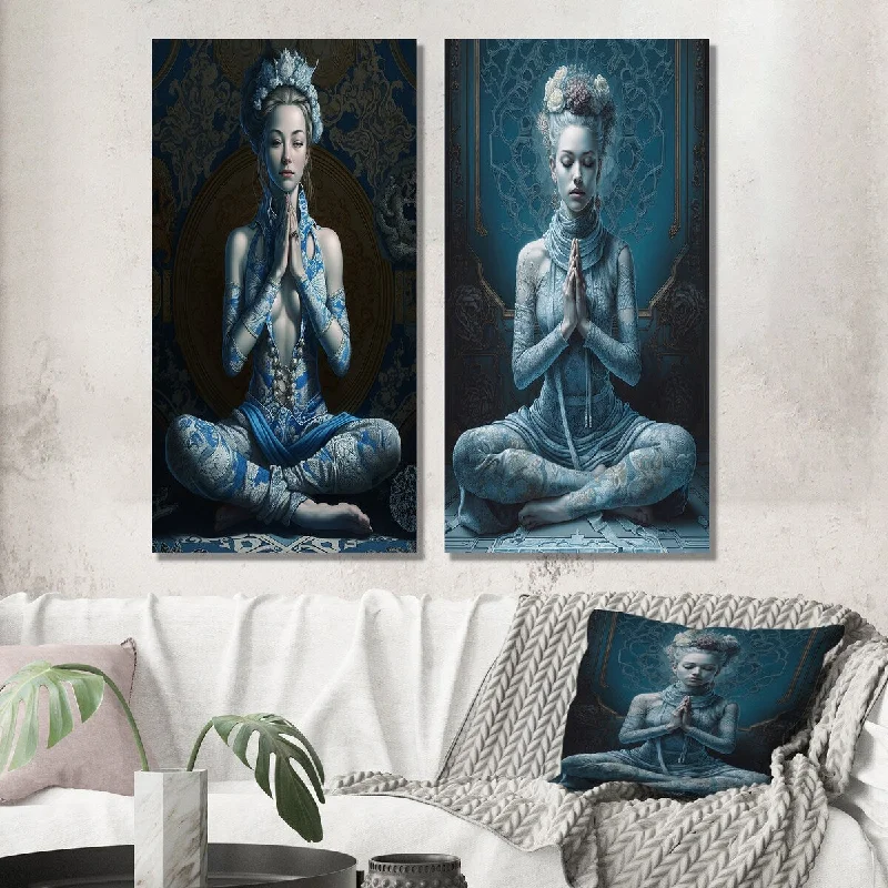 Modern blue abstract wall art for cool vibe-Designart "Blue Yogini Meditation Spiritual Elegance I" Yoga Wall Art Set of 2 - Traditional Wall Art For Bedroom