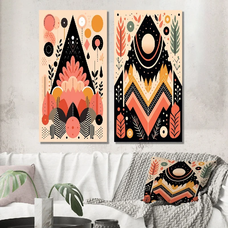 Nature inspired floral abstract wall art for calm-Designart "Bohemian Tribal Geometric In Retro Pink III" Modern Geometric Wall Art Set of 2 Modern Wall Art For Bedroom