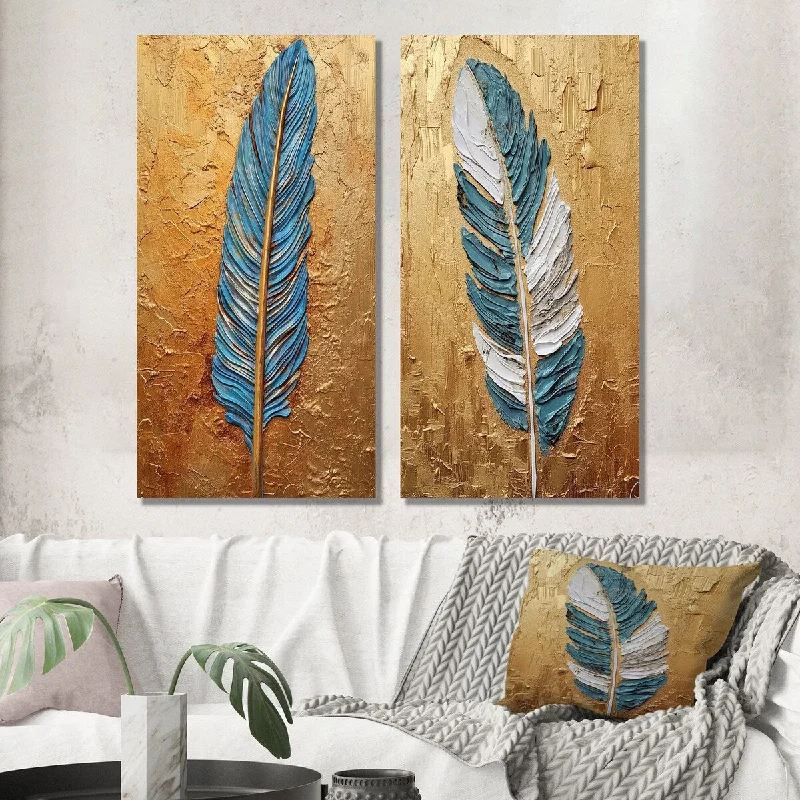 Large abstract animal wall art for bold-Designart "Boho Glam Exquisite Blue Feather On Gold Painting" Feathers Wall Art Set of 2 Modern Wall Art For Home Decor