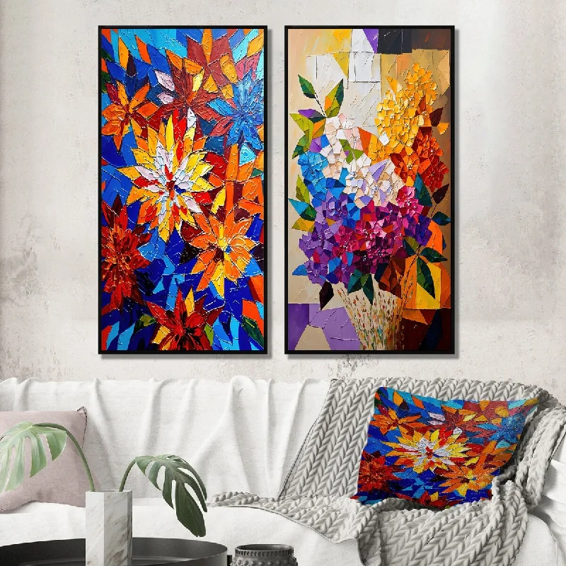 Hand-painted landscape abstract wall art for art-Designart "Bright Blossoming Minimal Wildflowers I" Floral Bouquet Wall Art Décor Gallery Set For Office Decor