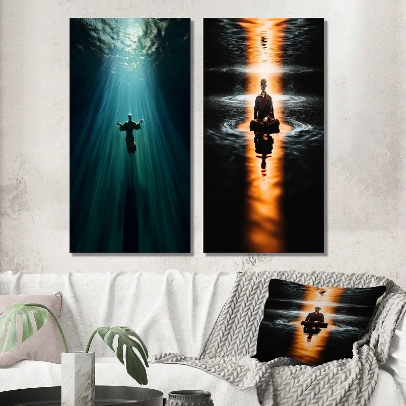 Hand-painted landscape wall art for detail-Designart "Buddhist Monk Ascending" Meditation Wall Art Set of 2 - Traditional Wall Art For Home Decor