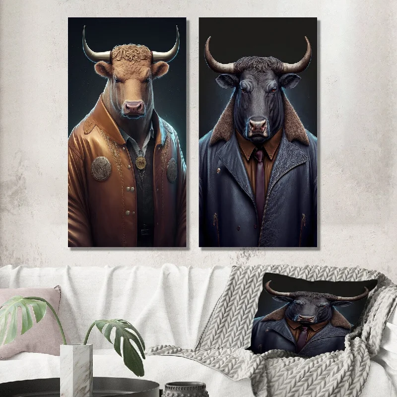 Boho style floral wall art for softness-Designart "Bull With A Stylish Brown Leather Jacket I" Animal Wall Art Set of 2 - Children's Art For Living Room Decor