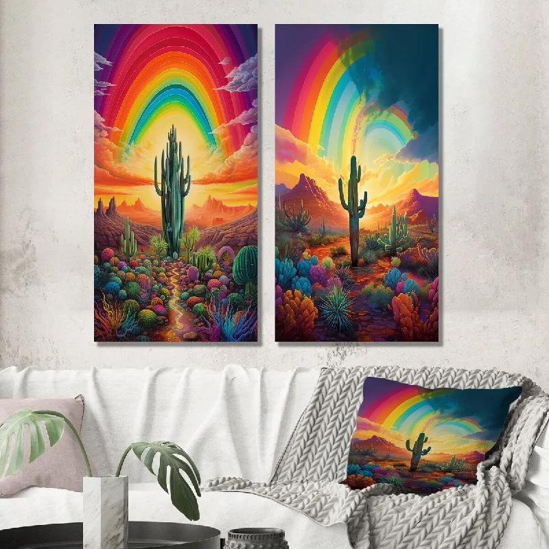 Large modern geometric wall art for wow-Designart "Cactus in Desert Under Bright Colored Rainbow II" Cactus Wall Art Set of 2 - Traditional For Office Decor