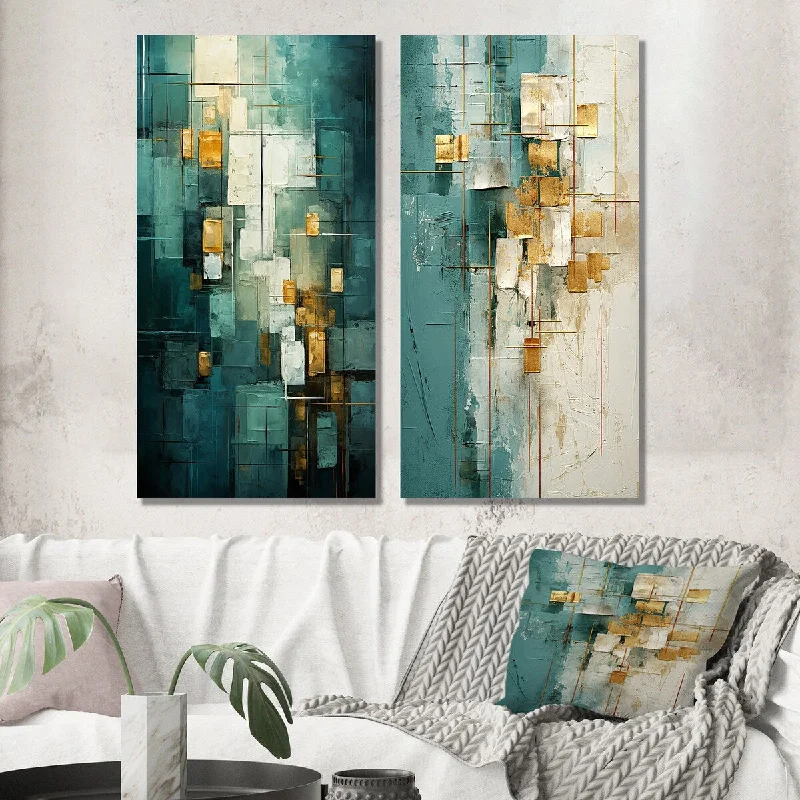 Rustic farmhouse wall art for warmth-Designart "California Sunshine Retro Abstract Gold Teal I" Abstract Wall Art Set of 2 - Modern For Living Room Decor