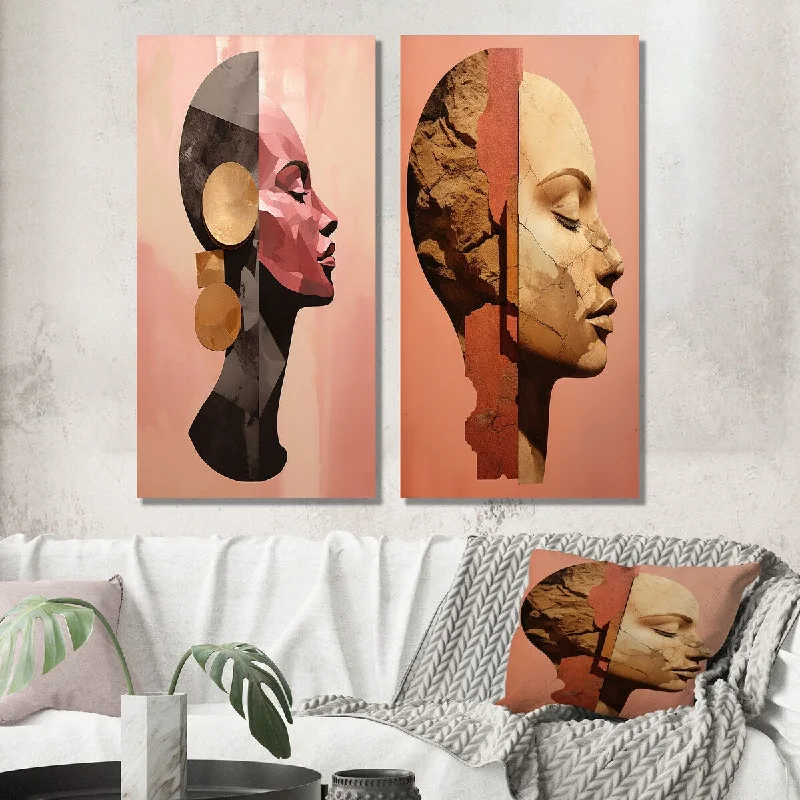 Small rustic abstract wall art for nook-Designart "Chiseled Idenity Pink Woman Portrait Collage" Abstract Wall Art Set of 2 - Transitional Wall Art For Bedroom