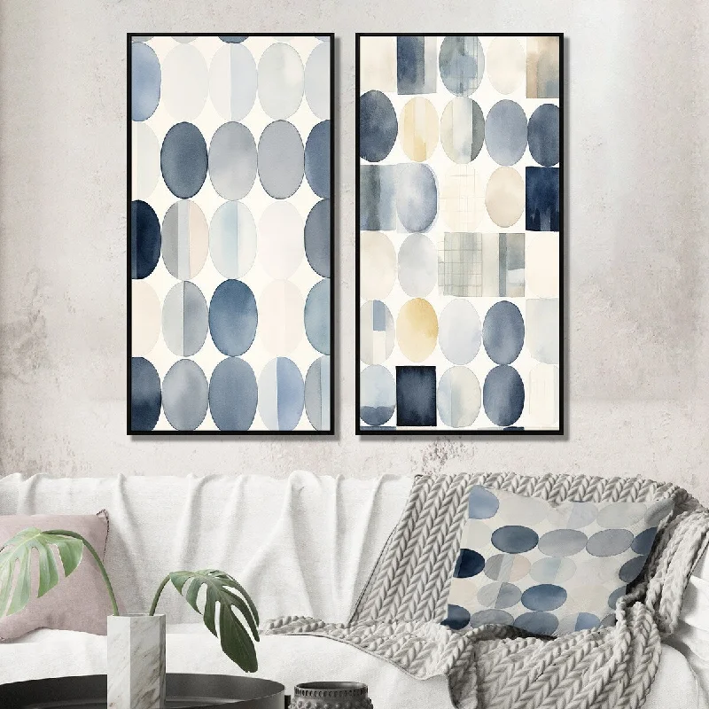 Large floral wall art for bold statement-Designart "Circle Matrix Watercolor In Faded Retro Blue II" Modern Geometric Framed For Living Room Decor