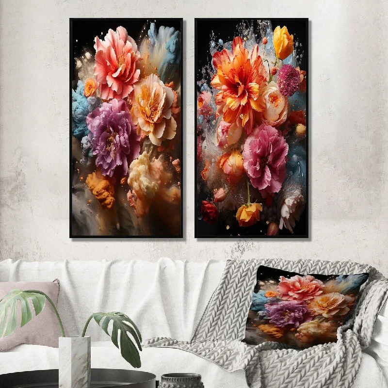 Boho macrame floral wall art for softness-Designart "Collage Of Vibrant Blossoming Dahlia Flowers III" Dahlia Framed Wall Art For Bedroom Wall Art Set Of 2