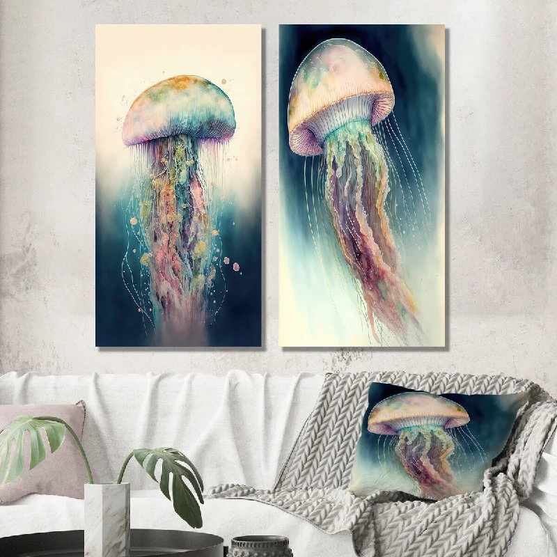 Luxury gold wall art for hallway-Designart "Colorful Deepsea Jellyfish I" Animal Fish Wall Art Set of 2 - Children's Art Wall Art For Bedroom