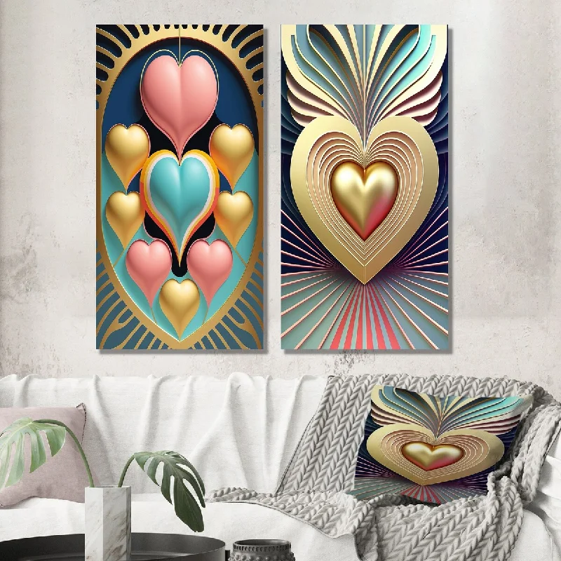 Vintage botanical wall art for retro-Designart "Contemporary Pastel Blue Radiating Heart II" Romantic Wall Art Set of 2 - Modern Wall Art For Home Decor