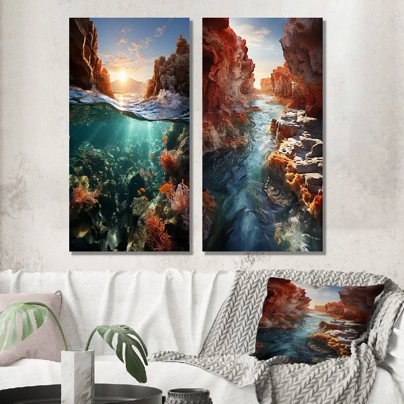 Small rustic wall art for cozy nook-Designart "Coral Reefs In Australia Nature Coastal" Coastal Waves Wall Art Set of 2 Coastal Gallery Set For Office Decor