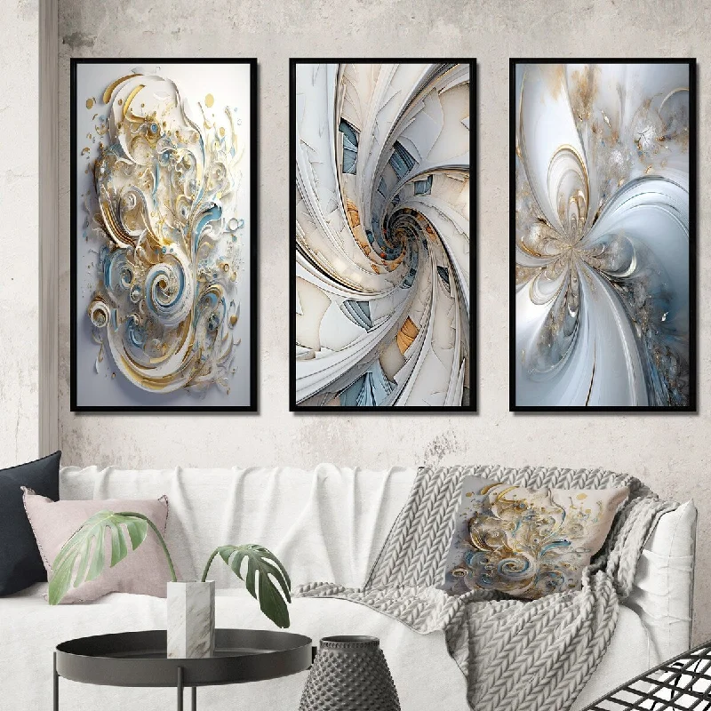 Small geometric wall art for desk space-Designart "Cosmic Bliss Fractal Spiral V" Fractals Framed Wall Art Set Of 3 - Transitional Gallery Set For Office Decor