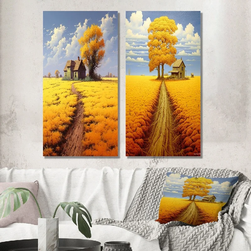 Luxury gold abstract canvas wall art for shine-Designart "Cottage Countryroad Golden Blossoming Fields II" Meadow Wall Art Set of 2 Traditional Wall Art For Home Decor