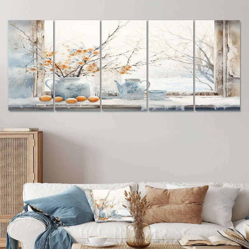 Abstract blue wall art for serene feel-Designart "Cottage In Winter Window Charm III" Farm Windows Set Of 5 - Country Oversized Canvas Wall Art For Entryway