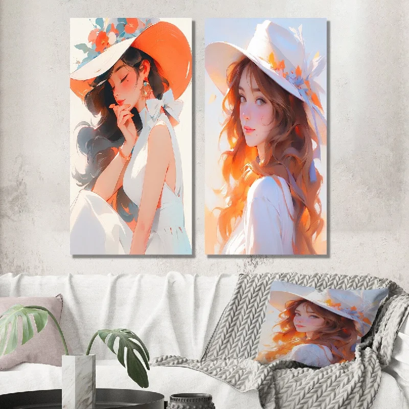 Custom framed geometric wall art for unique-Designart "Country Club Woman With White Hat I" Fashion Woman Wall Art Set of 2 - Glam Wall Art For Home Decor