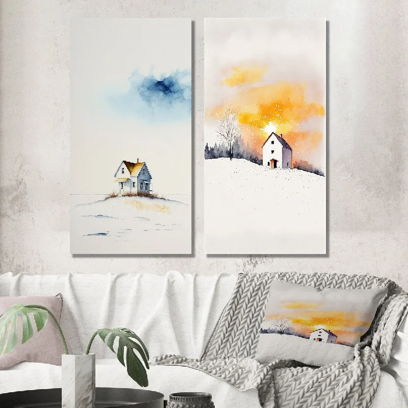 Contemporary blue wall art for tranquility-Designart "Countryhouse At Sunset III" Lake House Wall Art Set of 2 - Traditional Print Art For Living Room Decor