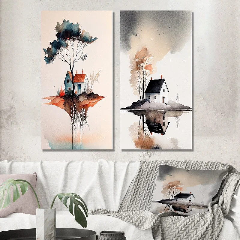 Large floral geometric wall art for drama-Designart "Countryhouse With Tree At The Lake I" Lake House Wall Art Set of 2 - Traditional Wall Art For Home Decor