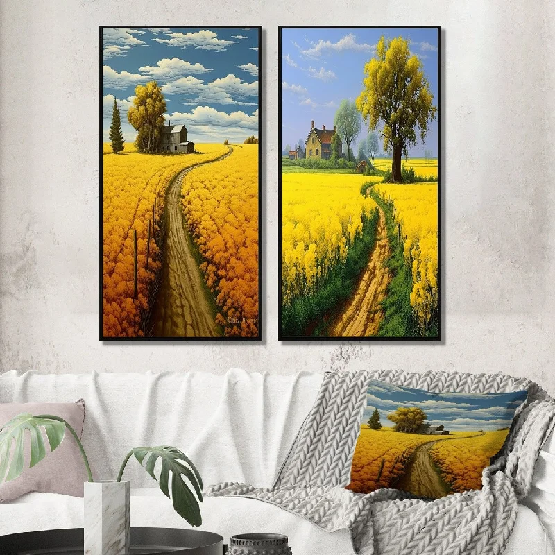 Hand-painted wall art for office decor-Designart "Countryside Farm Road Through Spring Fields II" Meadow Wall Art Décor Gallery Wall Set For Home Decor