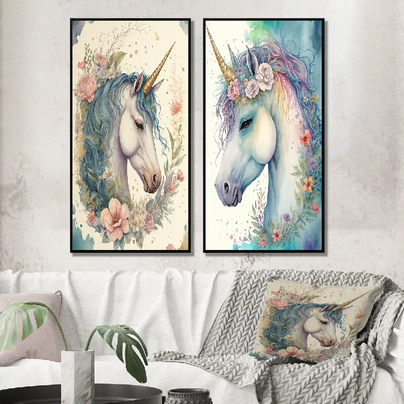 Vintage portrait wall art for classic style-Designart "Cute Pastel Unicorn Surrounded By Flowers I" Animals Framed Canvas Set Of 2 For Living Room Decor