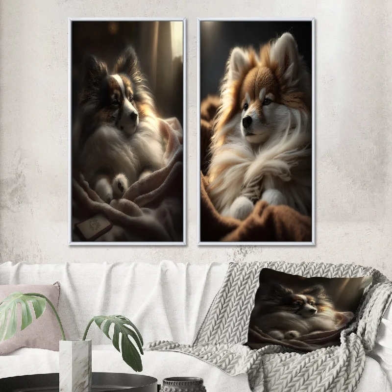 Large modern geometric wall art for wow-Designart "Cute Puppy in The Morning Sun I" Animals Framed Wall Art Set Of 2 Gallery Set For Office Decor