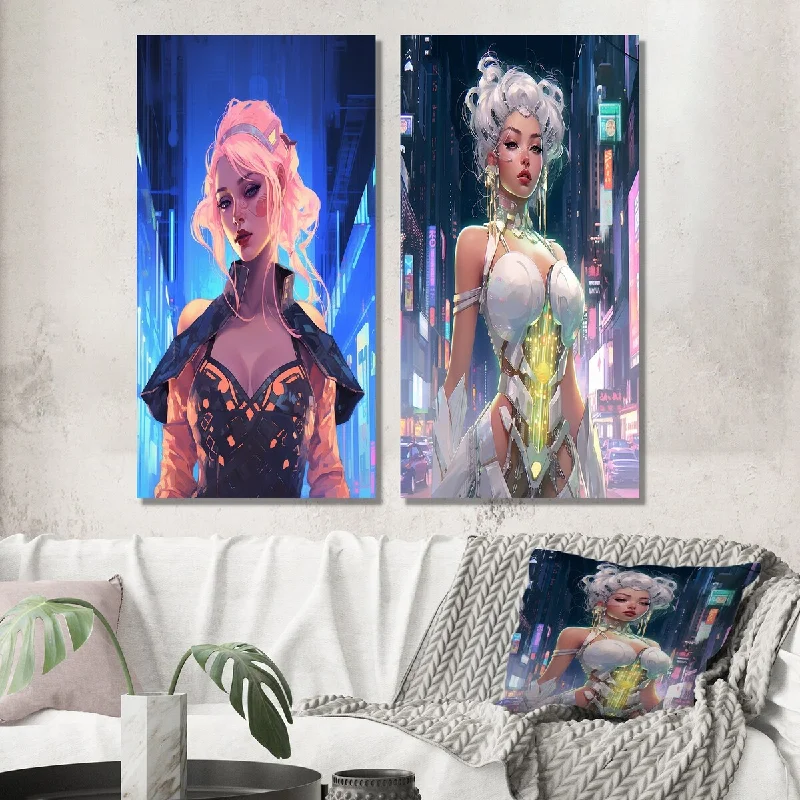 Vintage botanical animal wall art for retro-Designart "Cyberpunk Urban Tokyo Glorious Goddess V" Woman Wall Art Set of 2 - Glam Wall Art For Living Room Decor