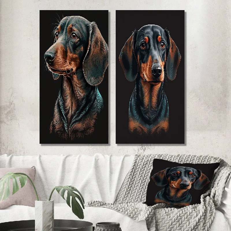 Rustic wooden abstract wall art for contrast-Designart "Dachshund On Black I" Animals Wall Art Set of 2 - Children's Art Gallery Set For Office Decor