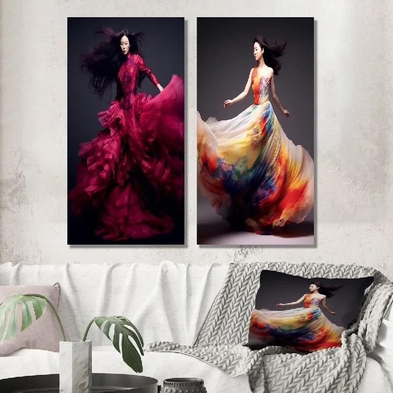 Small rustic geometric wall art for cozy-Designart "Dancing Beauty In Waving Glorious Fashion Dress I" Woman Wall Art Set of 2 - Glam Wall Art For Bedroom