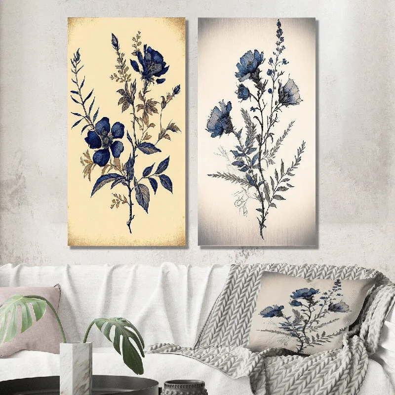 Contemporary floral geometric wall art for modern-Designart "Dark Indigo Flower In Retro Colors I" Floral Wall Art Set of 2 - Traditional Wall Art For Bedroom